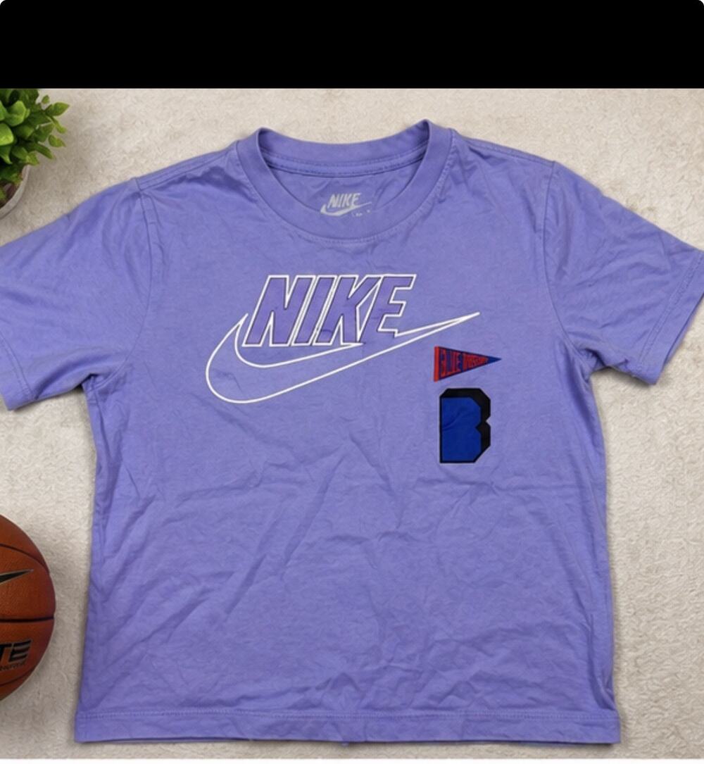 Nike Boys M Purple Blue Ribbon Graphic Swoosh Short Sleeve T Shirt